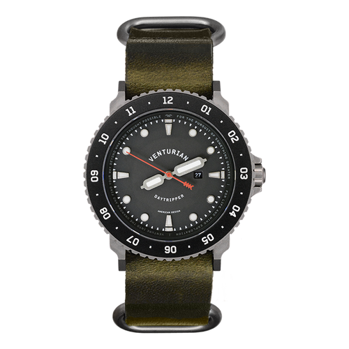 rugged solar powered watch with black dial and green strap on a white background