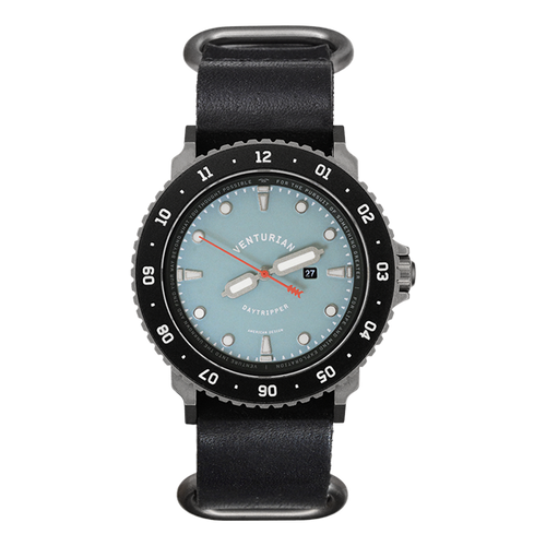 rugged mens outdoor watch with black strap and light blue dial on a white background
