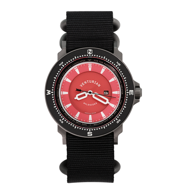Watch with a red face and black strap on a white background