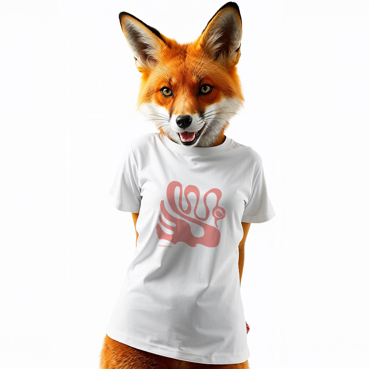 Person wearing a white t-shirt with a pink logo and a fox head mask on a white background