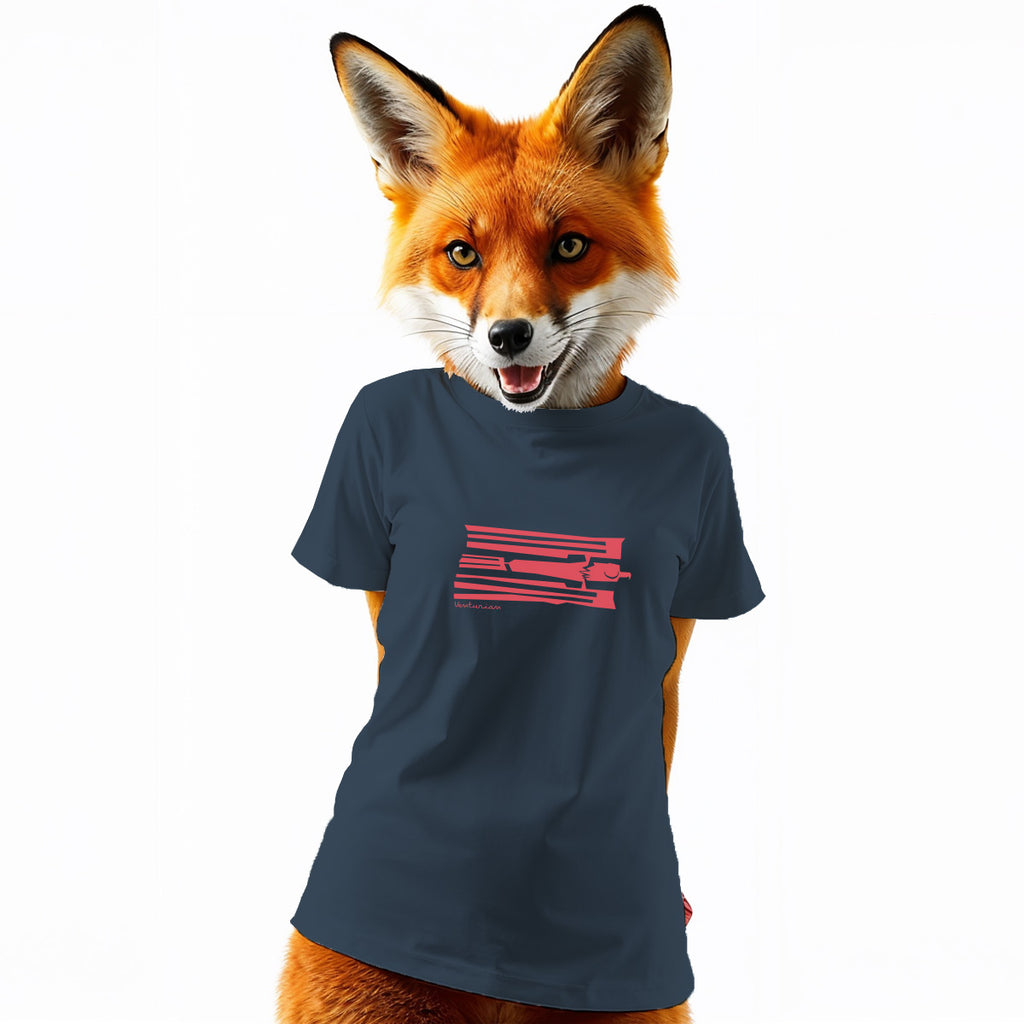 Fox wearing a blue t-shirt with a red graphic on a white background