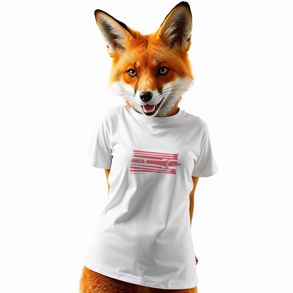 Person wearing a white t-shirt with a red graphic and a fox head mask on a white background
