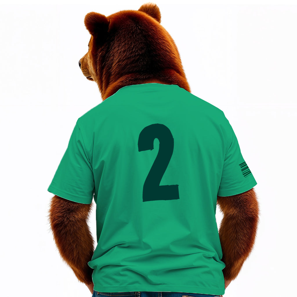 Bear wearing a green jersey with the number 2 on a white background