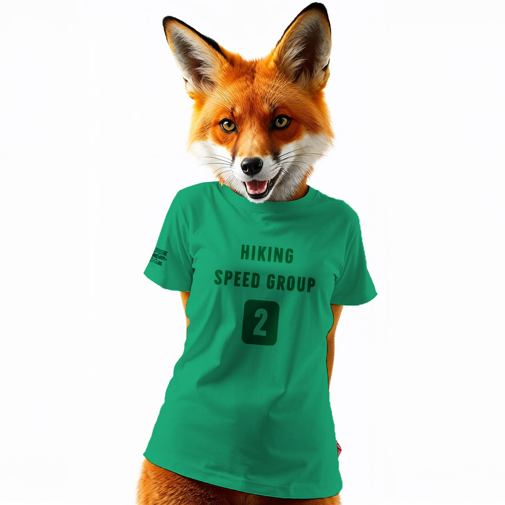 Green t-shirt with 'Hiking Speed Group' text worn by a fox on a white background