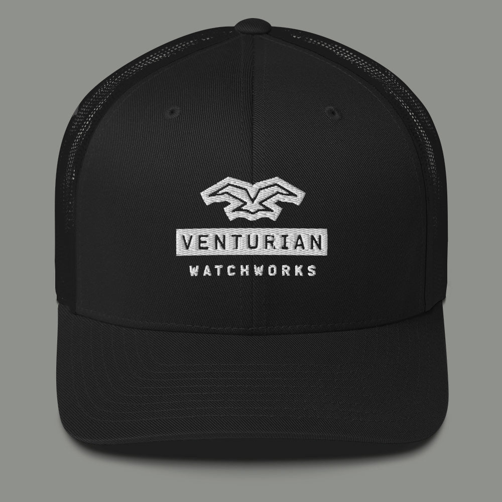 Venturian WatchWorks trucker hat in black. Snap closure. Super cool.