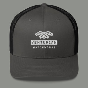 Venturian WatchWorks trucker hat in charcoal. Snap closure. Super cool.