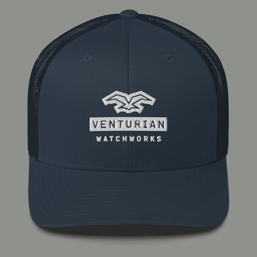 Venturian WatchWorks trucker hat in navy. Snap closure. Super cool.