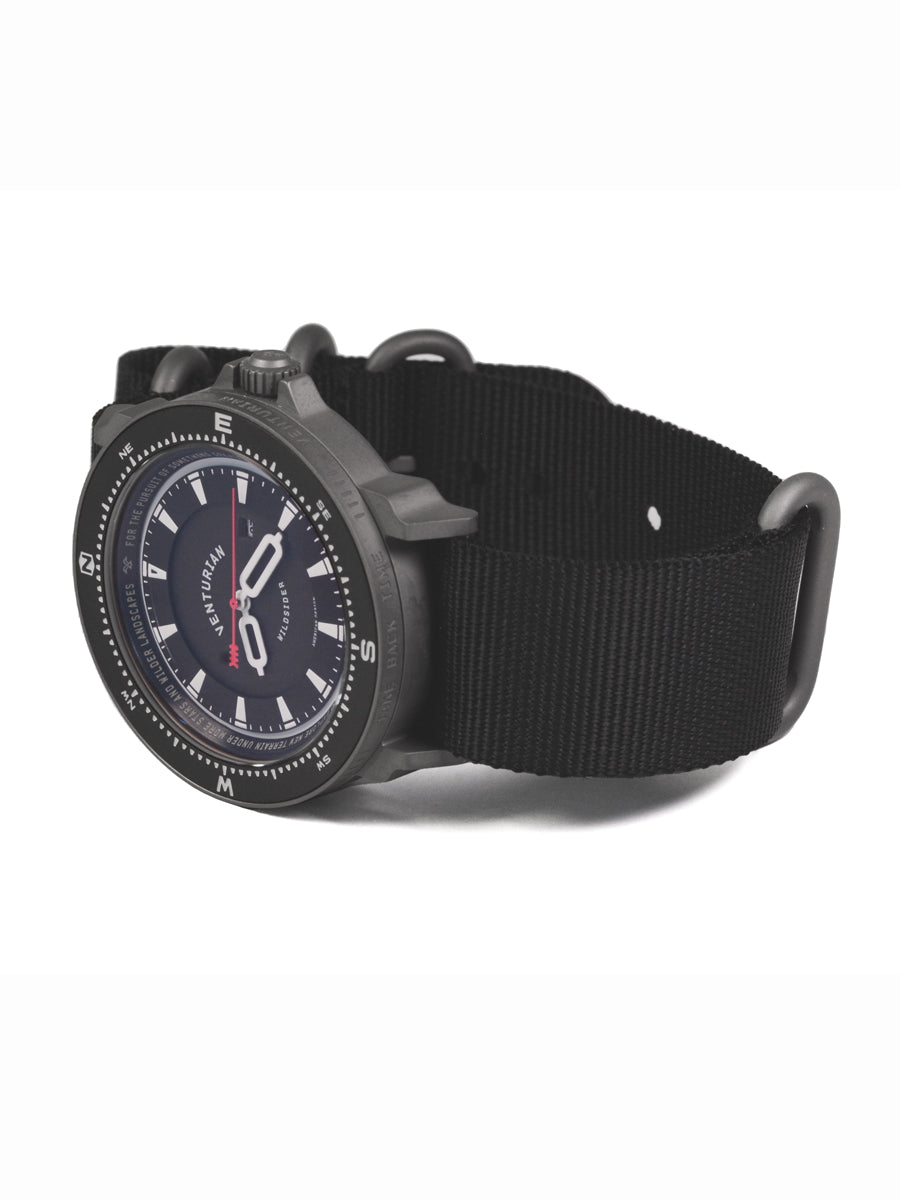 The Venturian Wildsider 38MM Solar Titanium compass tool watch in Black 3/4 view