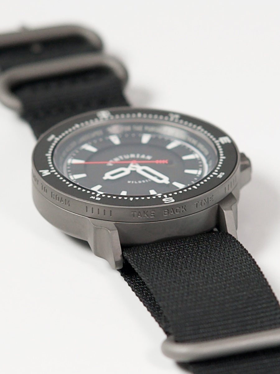 The Venturian Wildsider 38MM Solar Titanium compass tool watch in Black south mantra