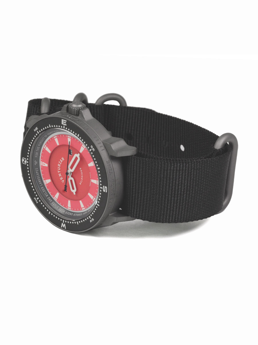 The Venturian Wildsider 38MM Solar Titanium compass tool watch in Red 3/4 view