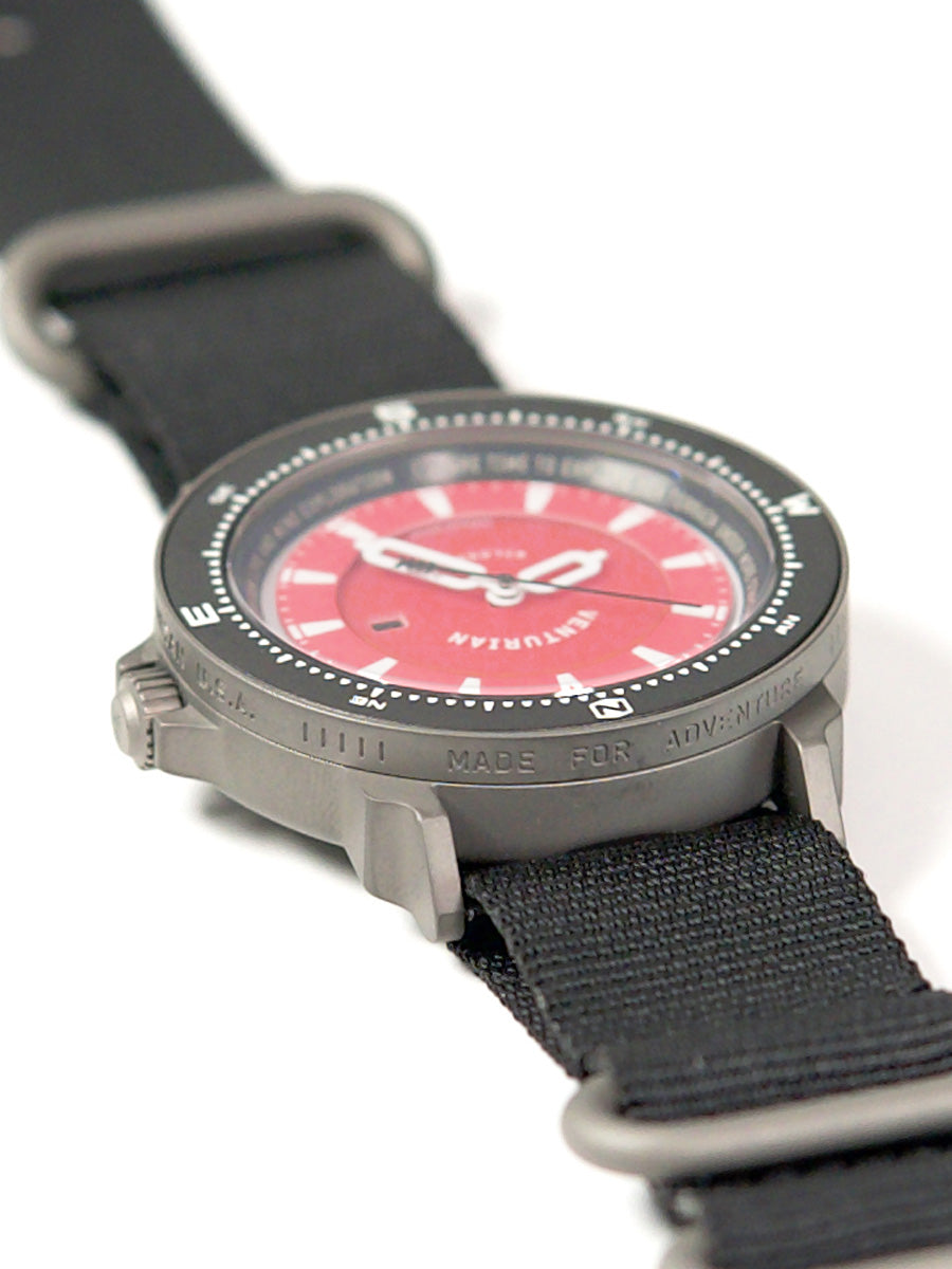 The Venturian Wildsider 38MM Solar Titanium compass tool watch in Red north mantra