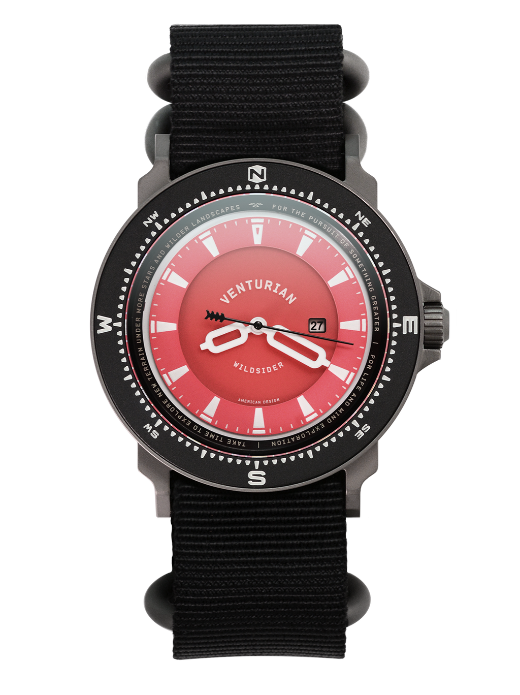 The Venturian Wildsider 38MM Solar Titanium compass tool watch in Red