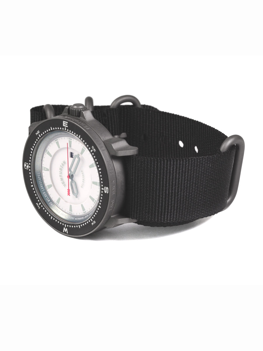 The Venturian Wildsider 38MM Solar Titanium compass tool watch in White 3/4 view