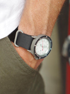 The Venturian Wildsider 38MM Solar Titanium compass tool watch in White on wrist