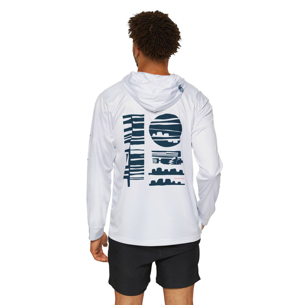 Person wearing a white hoodie with a graphic design on the back, standing against a white background