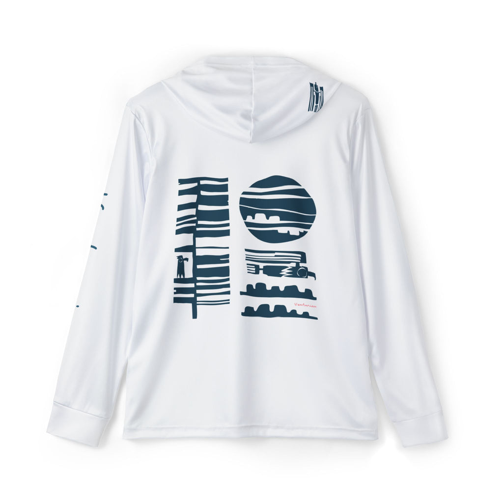 White hoodie with blue graphic design on a white background