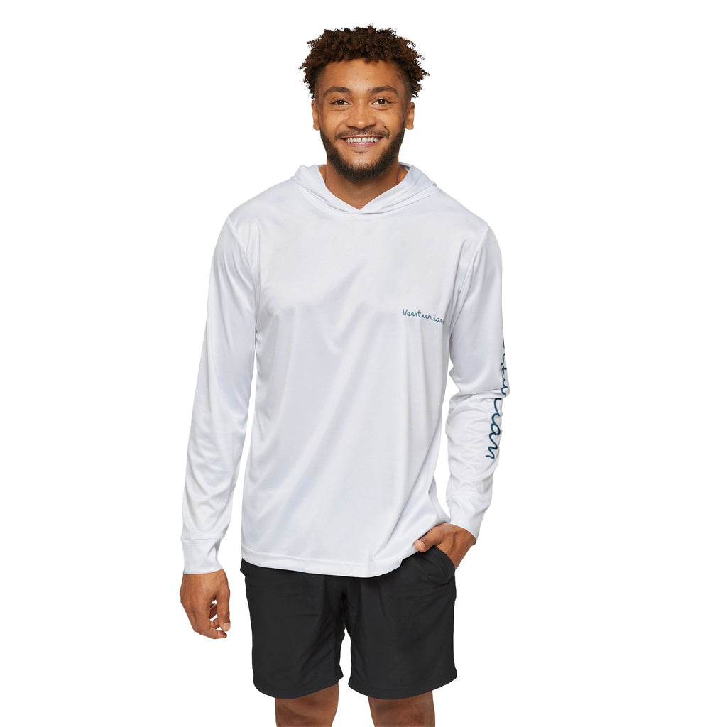 Man wearing a white long-sleeve shirt with a logo on a white background
