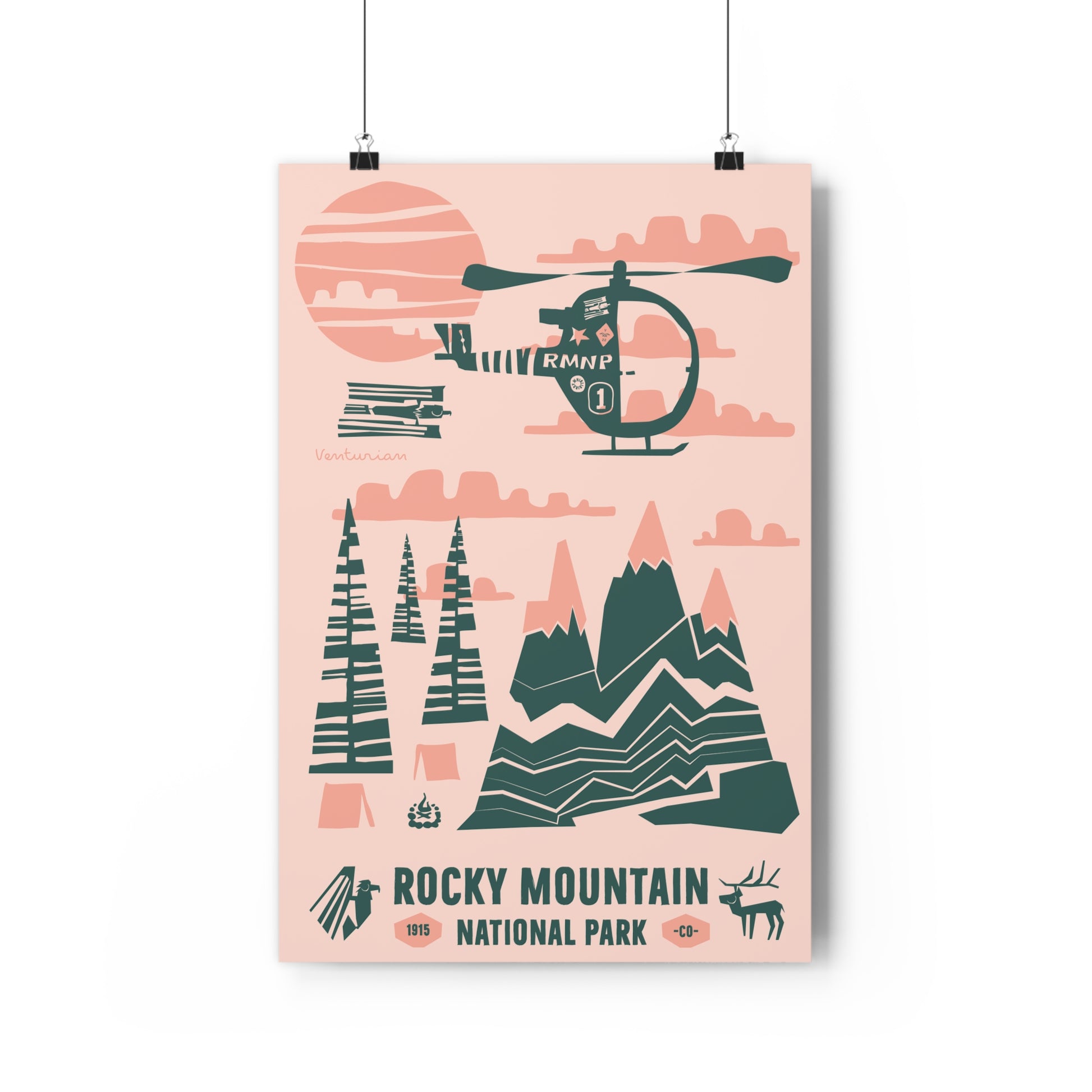 Poster of Rocky Mountain National Park with a helicopter and mountain design on a pink background