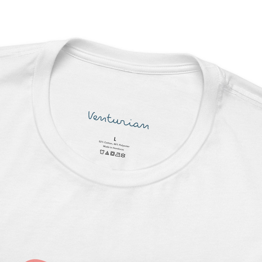 Close-up of a white t-shirt with 'Venturian' branding on the collar.