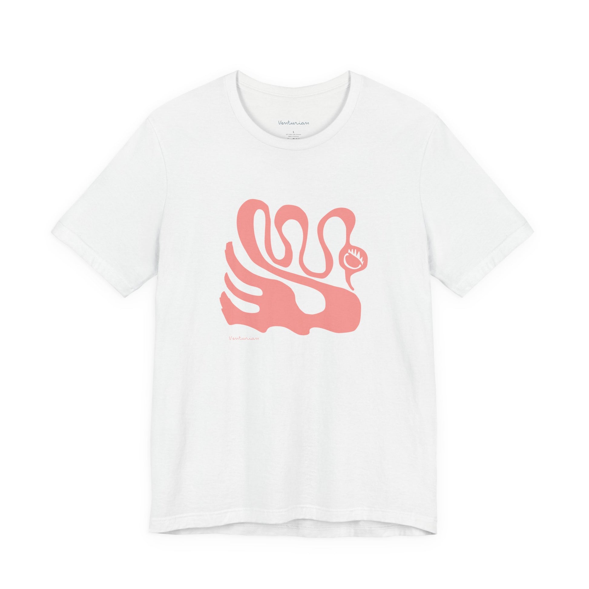 White t-shirt with a pink graphic design on a white background