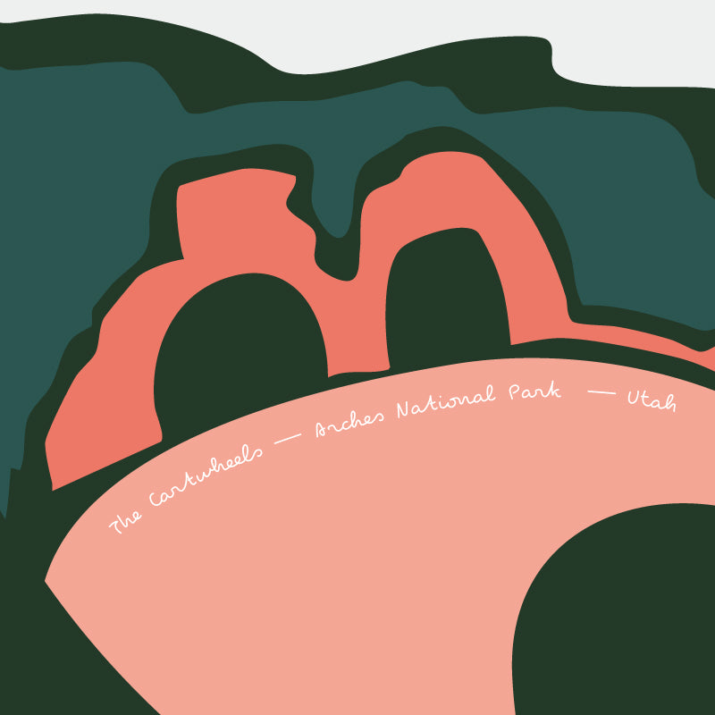 Nature graphic tees and hoodie Illustration of Arches National Park with a pink arch and green mountains.