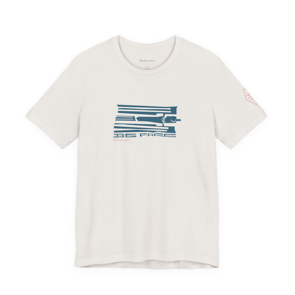 White t-shirt with blue graphic design on a white background