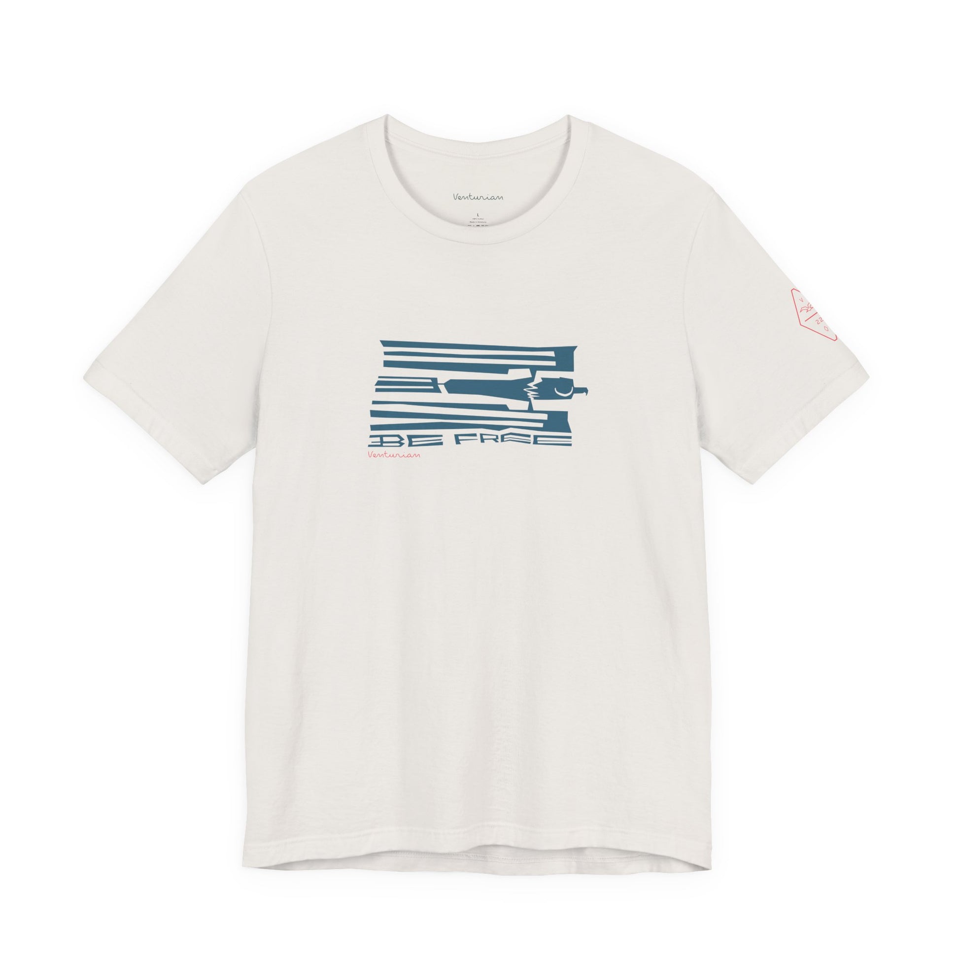 White t-shirt with blue graphic design on a white background