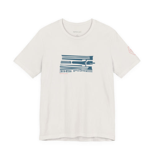 White t-shirt with blue graphic design on a white background