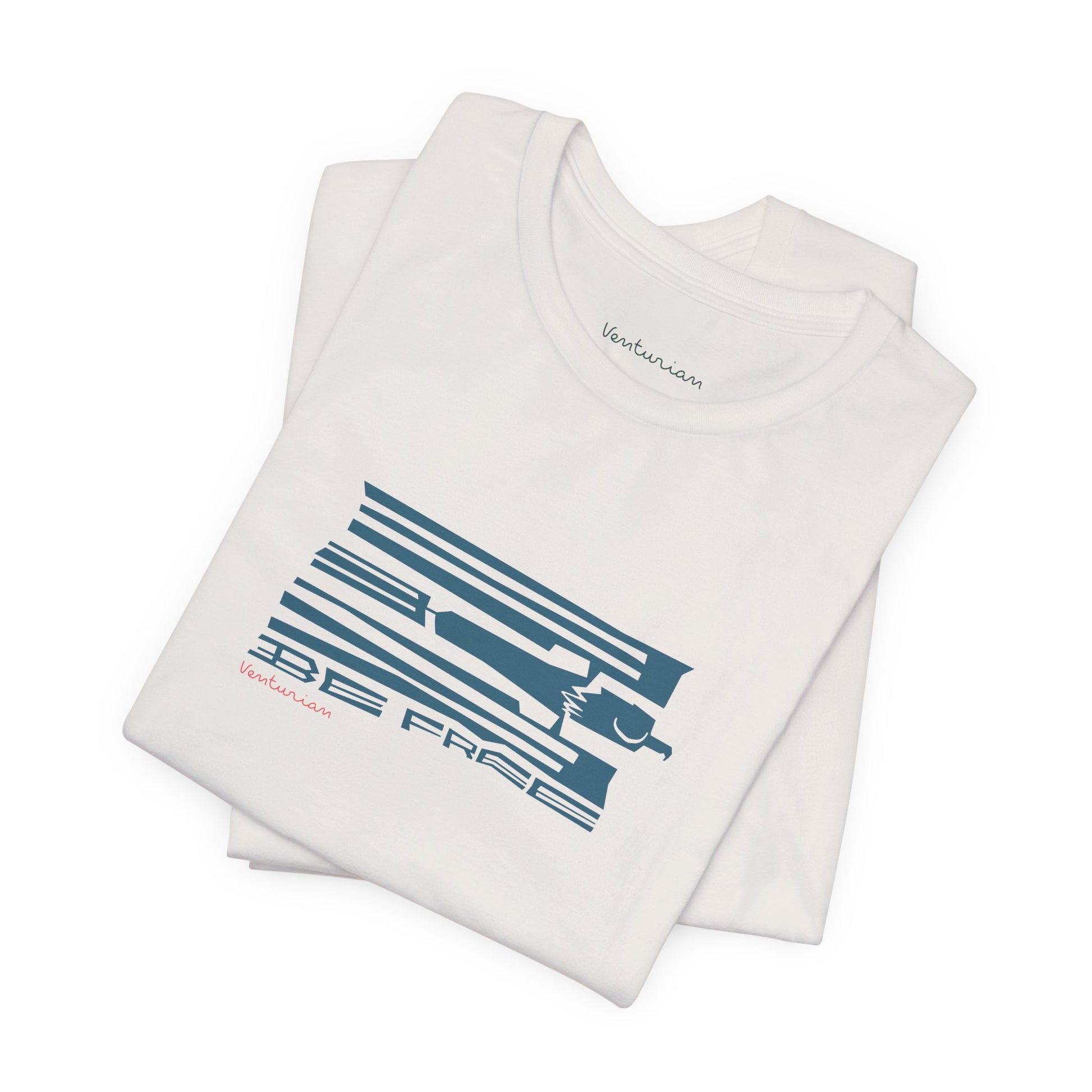 White tank top with blue graphic and text 'Be Free' on a white background
