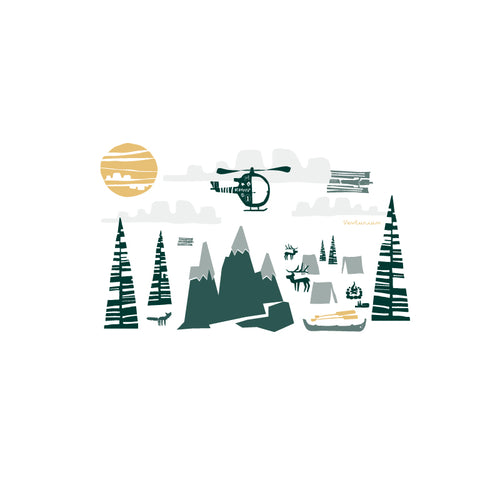 Illustration of a mountain landscape with trees, a helicopter, and a cabin.