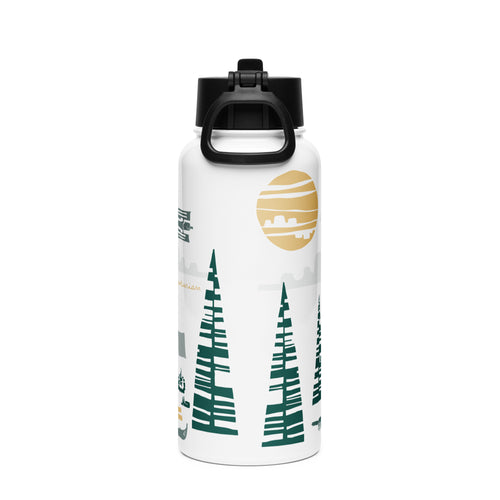 Water bottle with nature-themed design on a white background