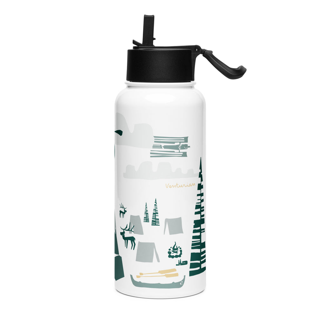 White water bottle with black lid featuring nature-themed illustrations on a white background