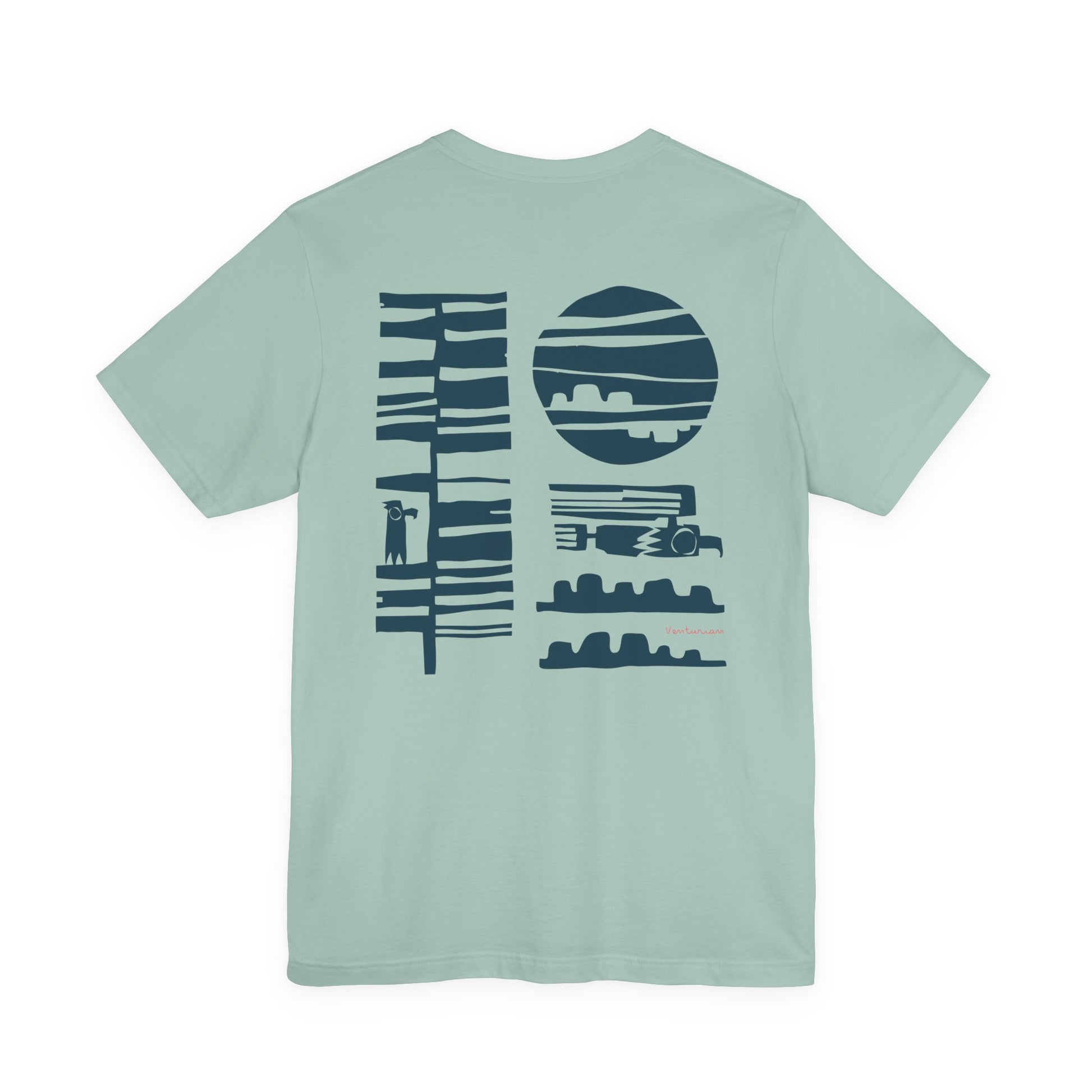 Dusty blue t-shirt with navy eagle geometric design on a white background
