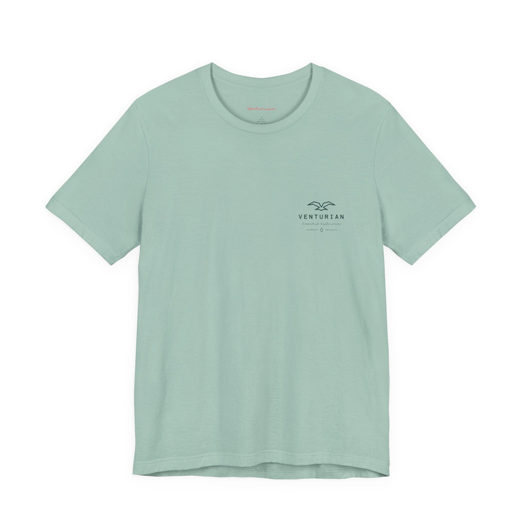 dusty blue t-shirt with a small logo on a white background