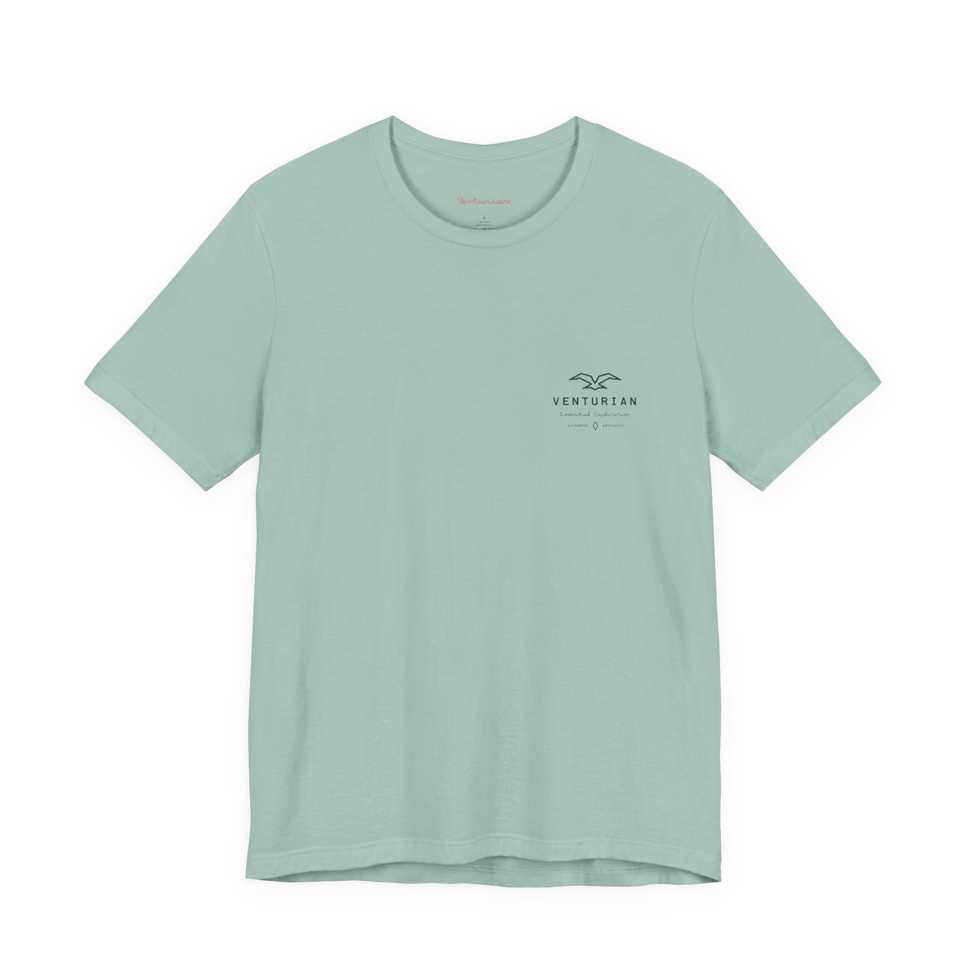 dusty blue t-shirt with a small logo on a white background