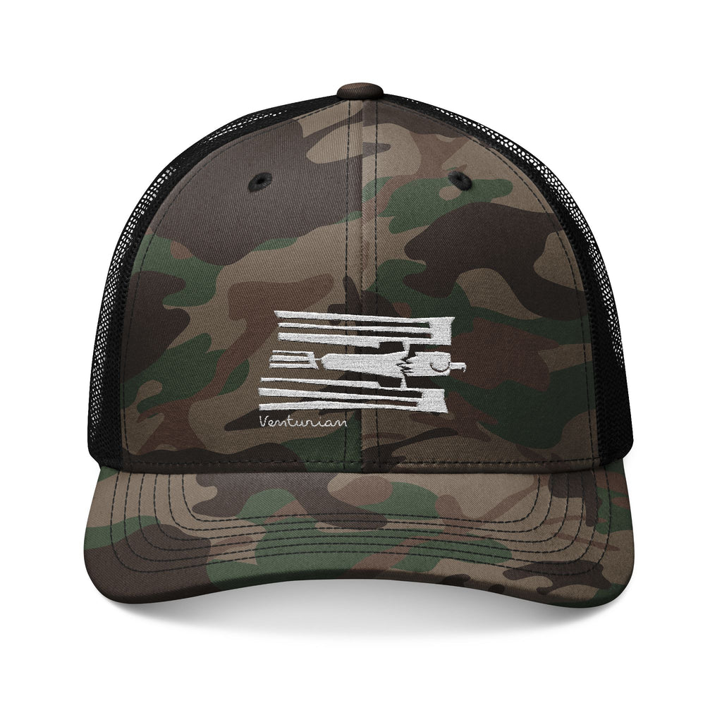Camouflage trucker hat with an embroidered white logo on a camo