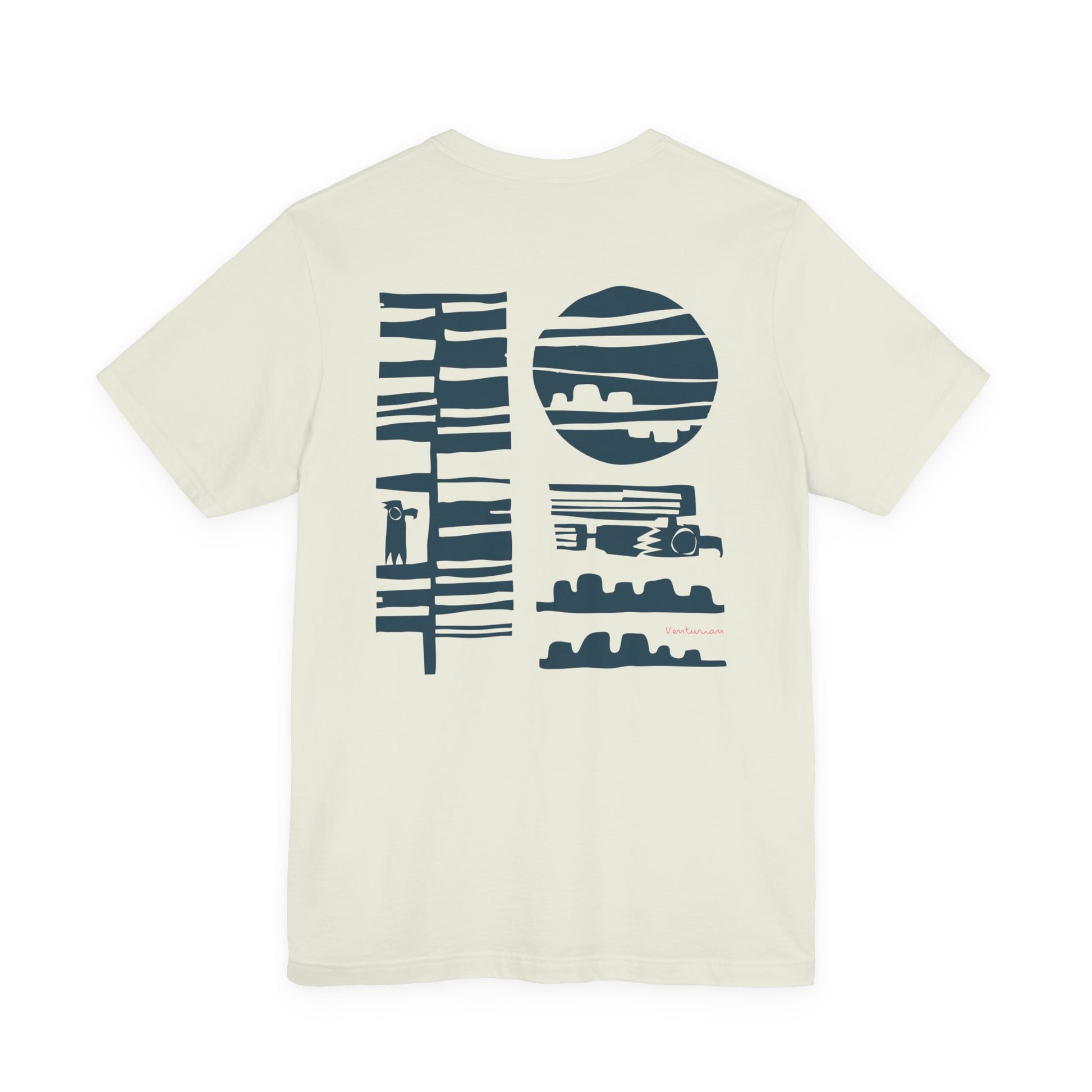 White t-shirt with blue graphic design ealges on a citron background