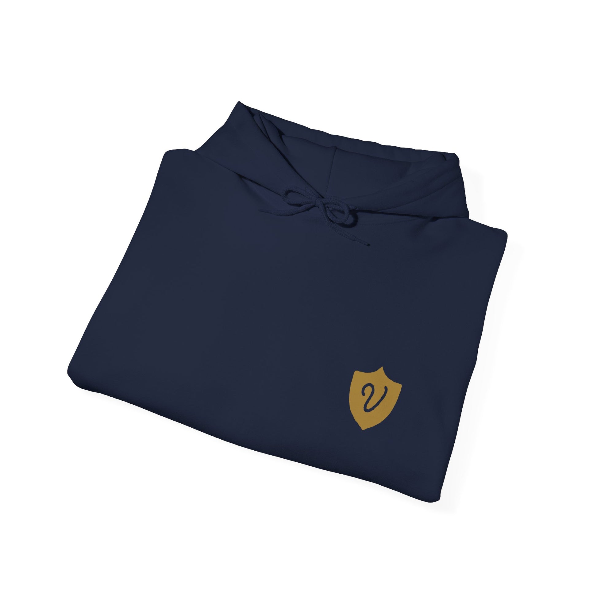 Folded navy blue shirt with a yellow logo on a white background