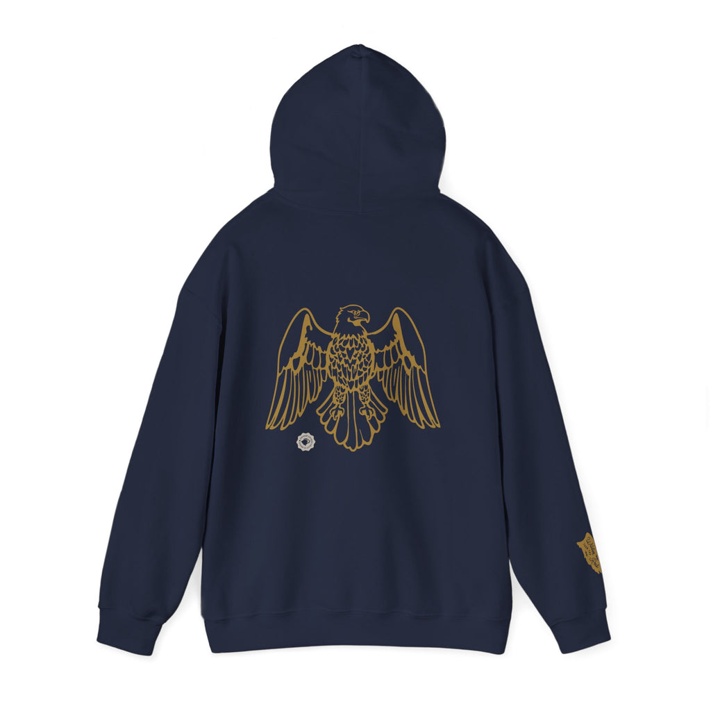 Navy blue hoodie with gold eagle design on the back against a white background