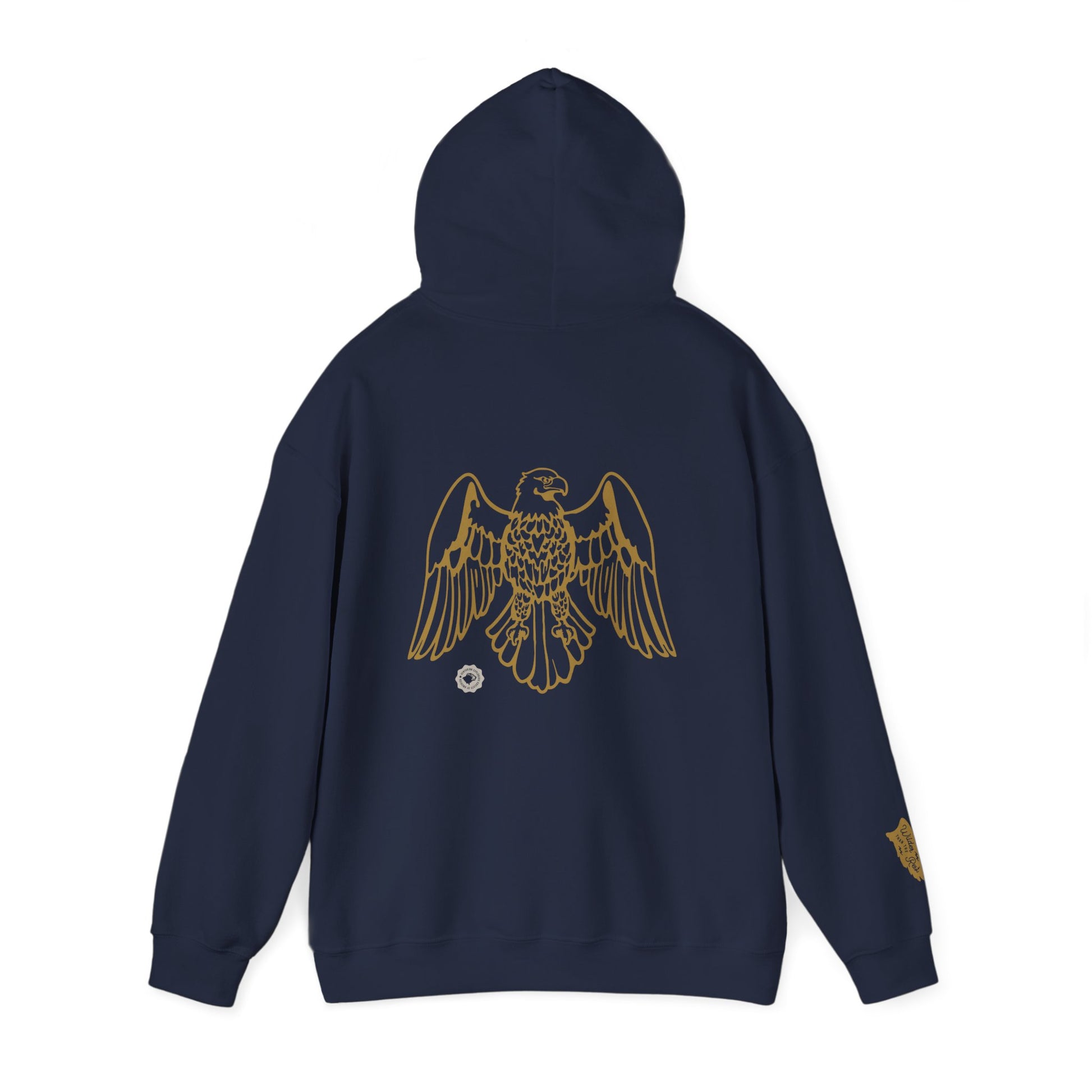 Navy blue hoodie with gold eagle design on the back against a white background