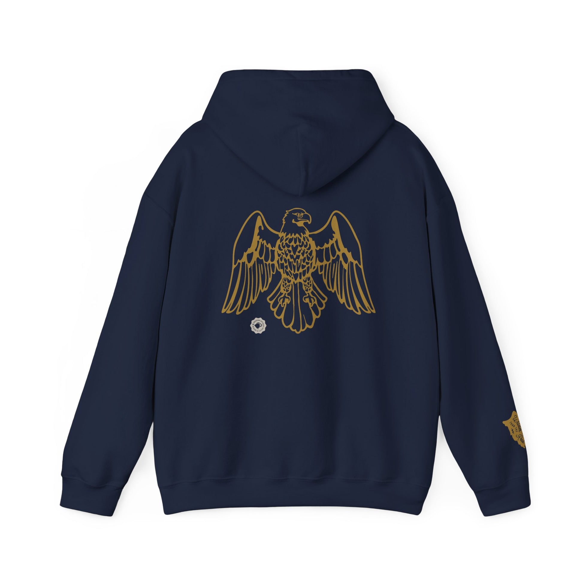 Navy blue hoodie with gold eagle design on the back against a white background