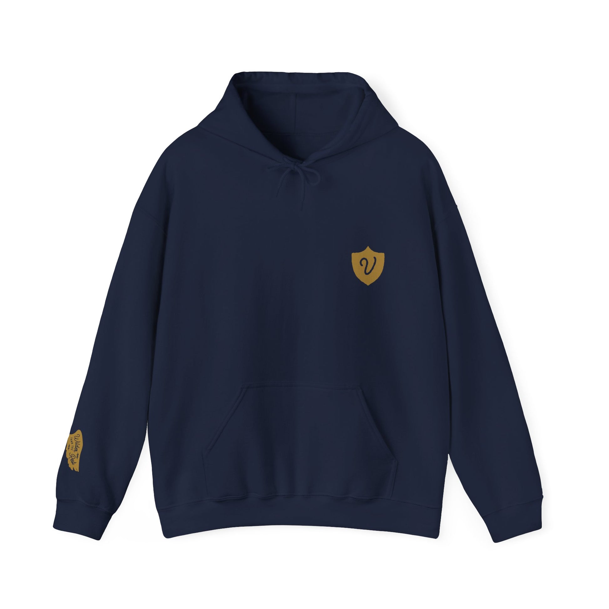 Navy blue hoodie with a yellow emblem on a white background