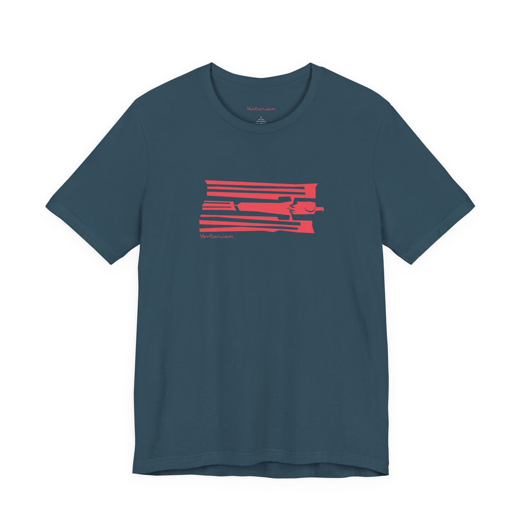 Blue t-shirt with red graphic design on a white background