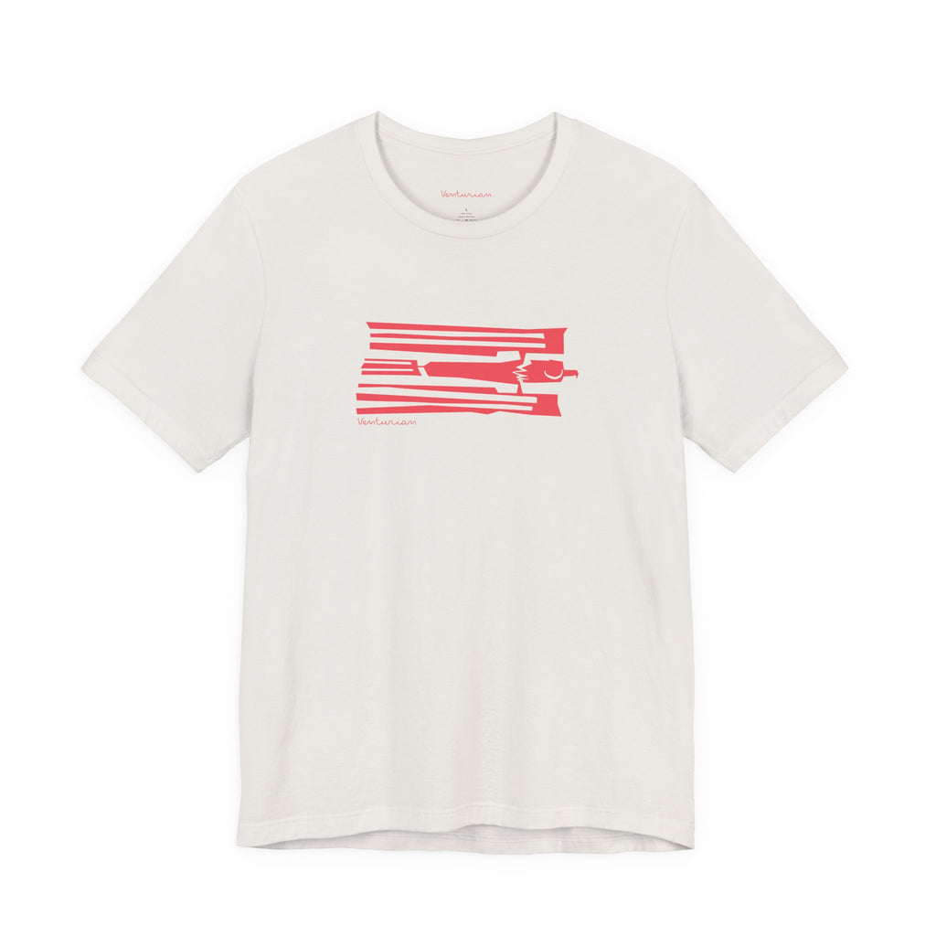 White t-shirt with red graphic eagle design on a white background