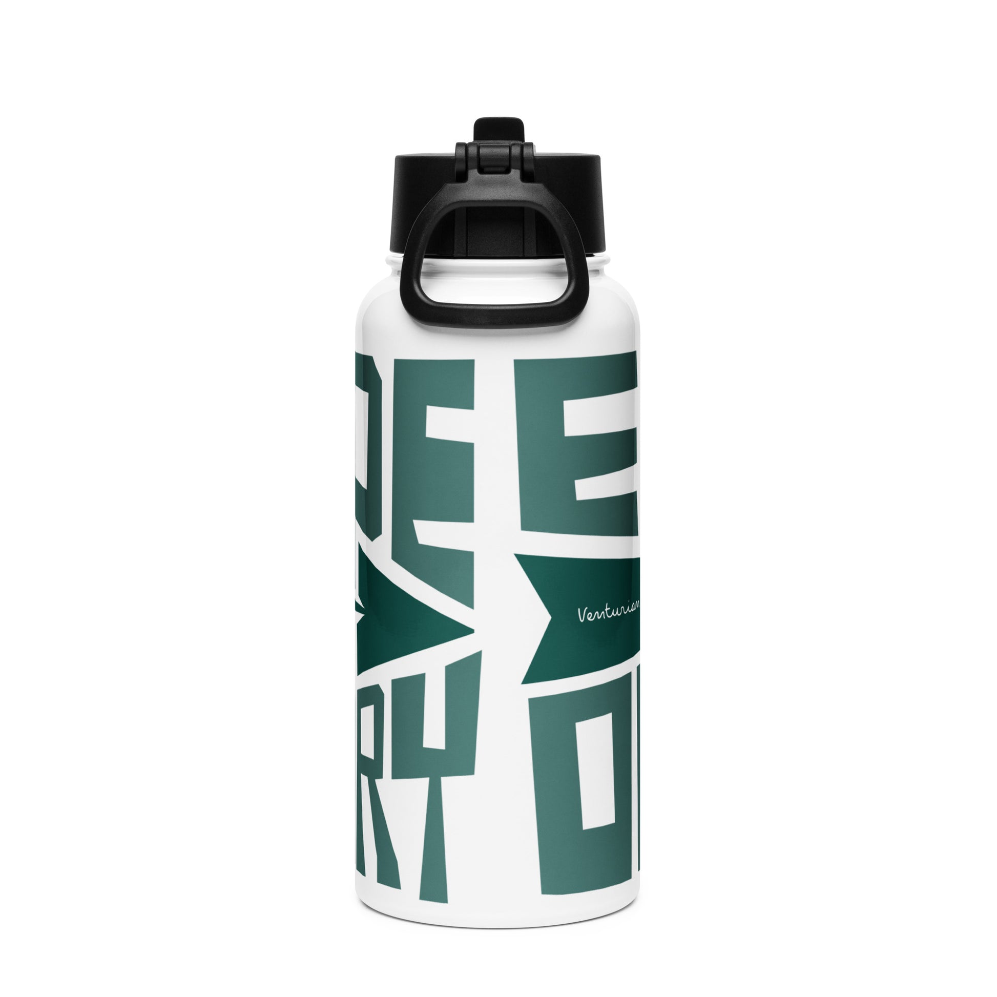 White water bottle with green and black text on a white background