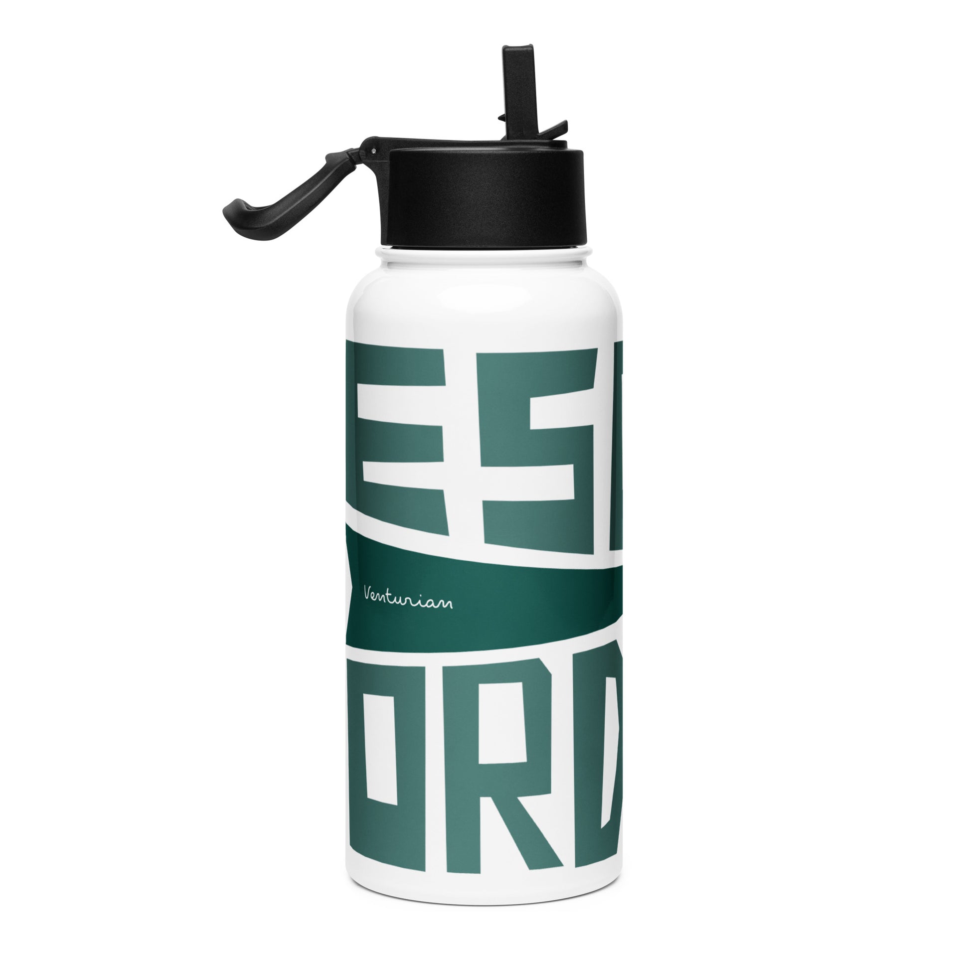 White water bottle with green and black design on a white background