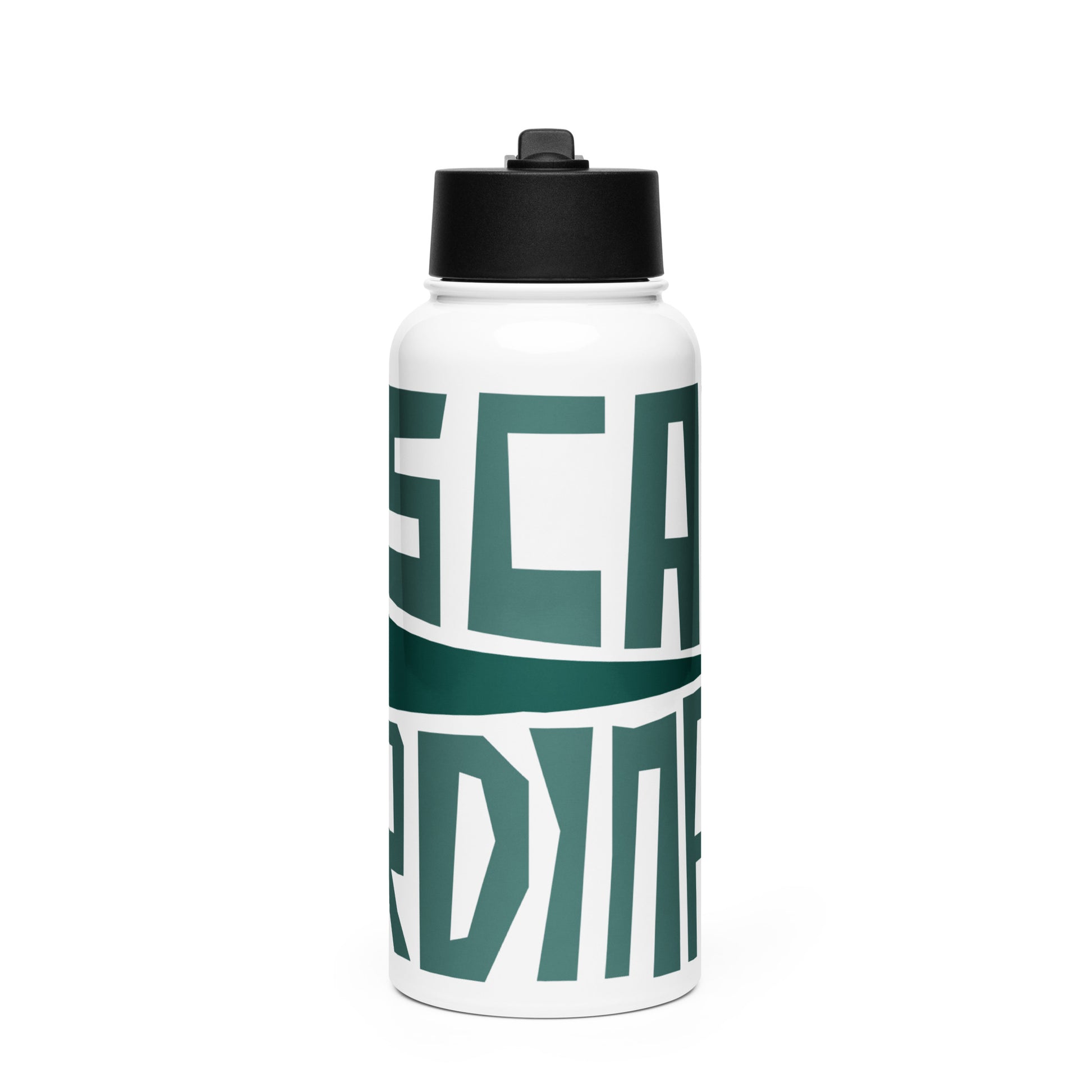White water bottle with green text on a white background