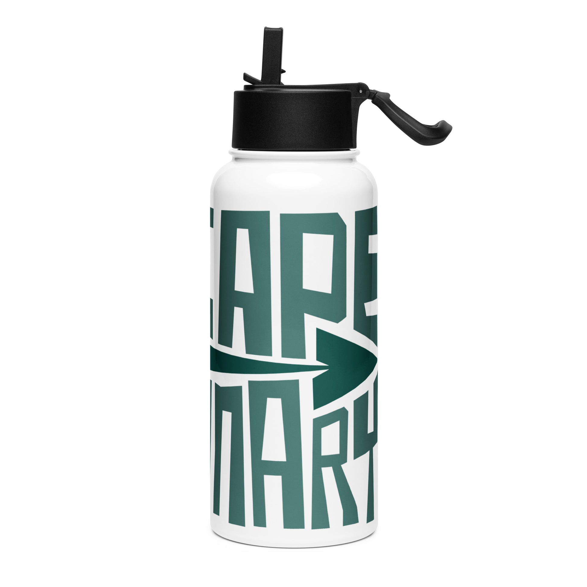White water bottle with green text and black lid on a white background