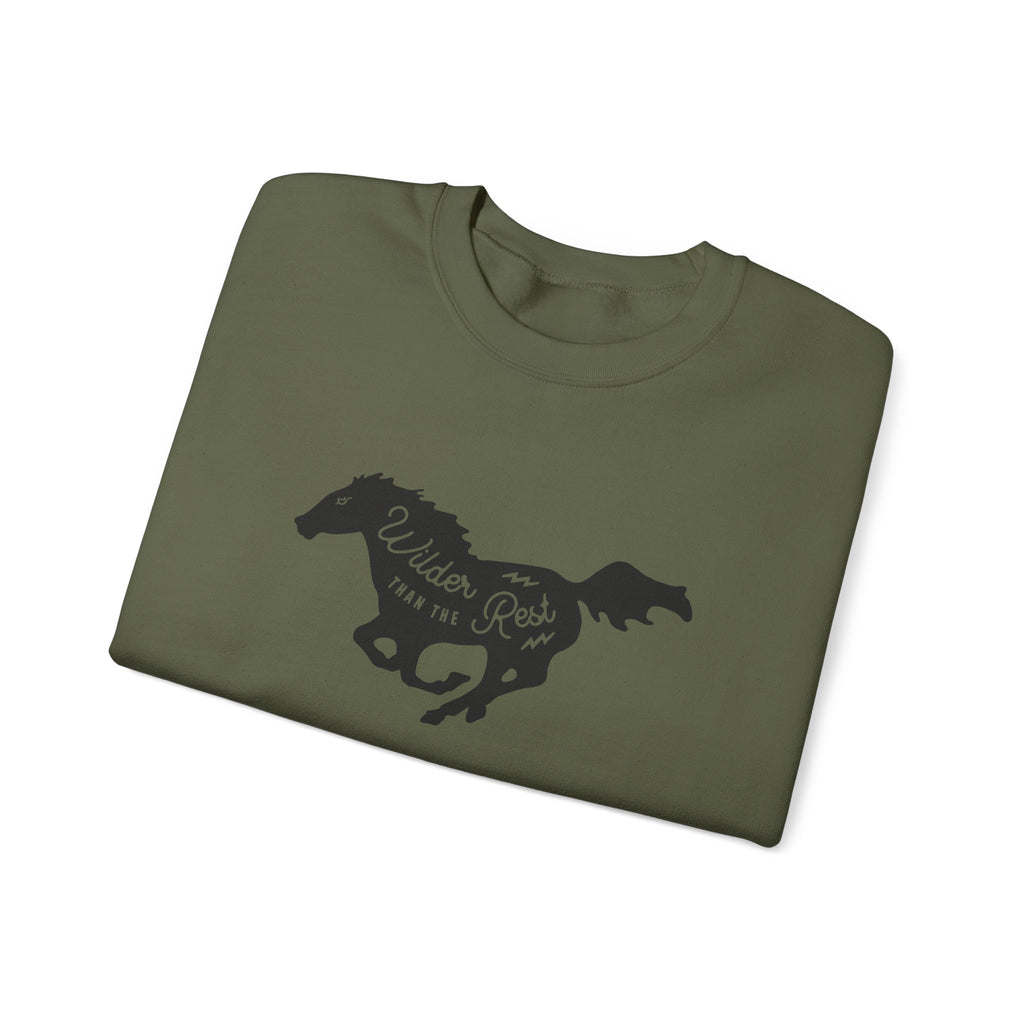 Folded green shirt with a horse graphic and text on a white background