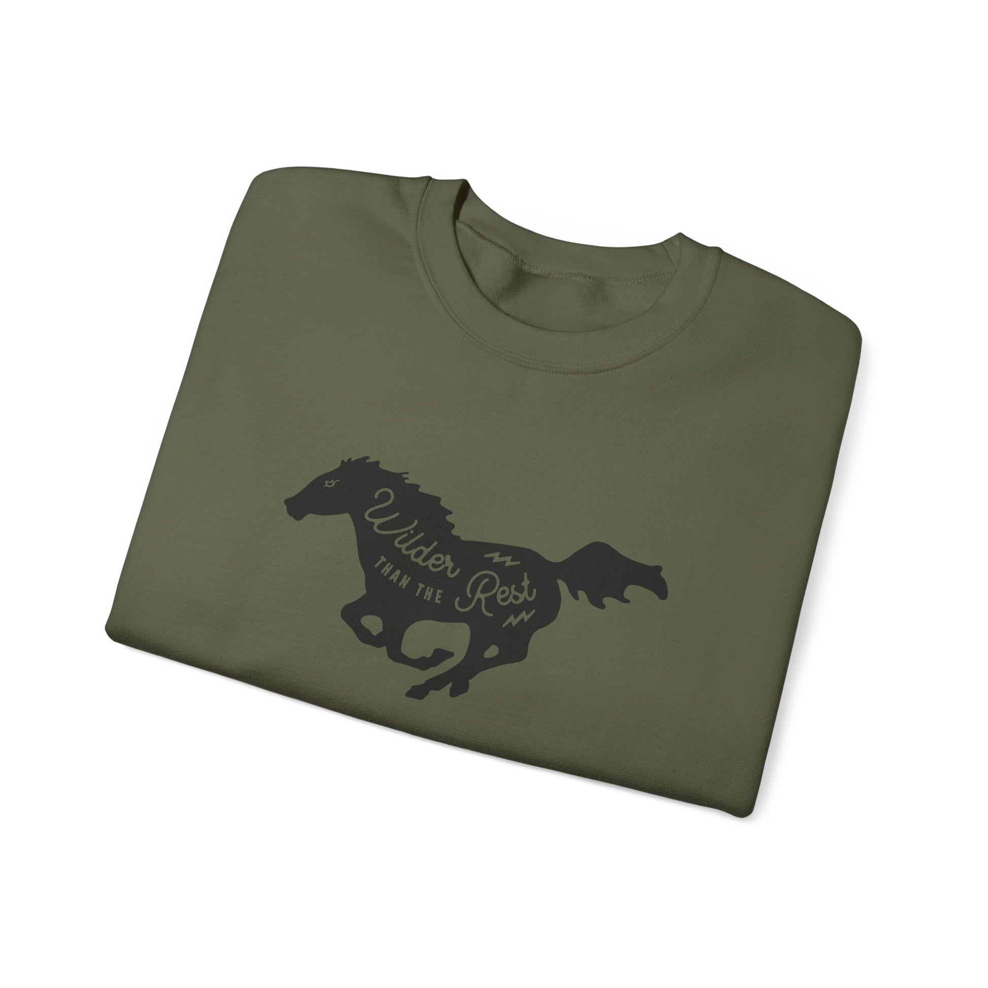 Folded green shirt with a horse graphic and text on a white background